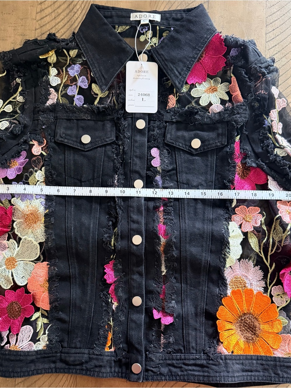 NWT Adore Large Black Floral Mesh Sleeve Denim Jacket Statement Piece NWT - Picture 10 of 13